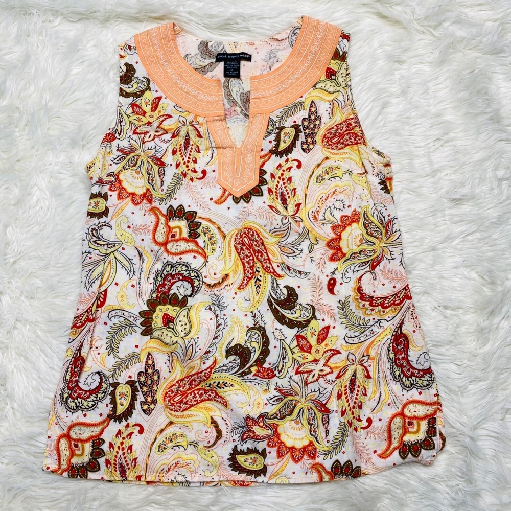 Saint‎ Tropez West Top Womens Medium Linen Sleeveless Blouse Tunic Floral